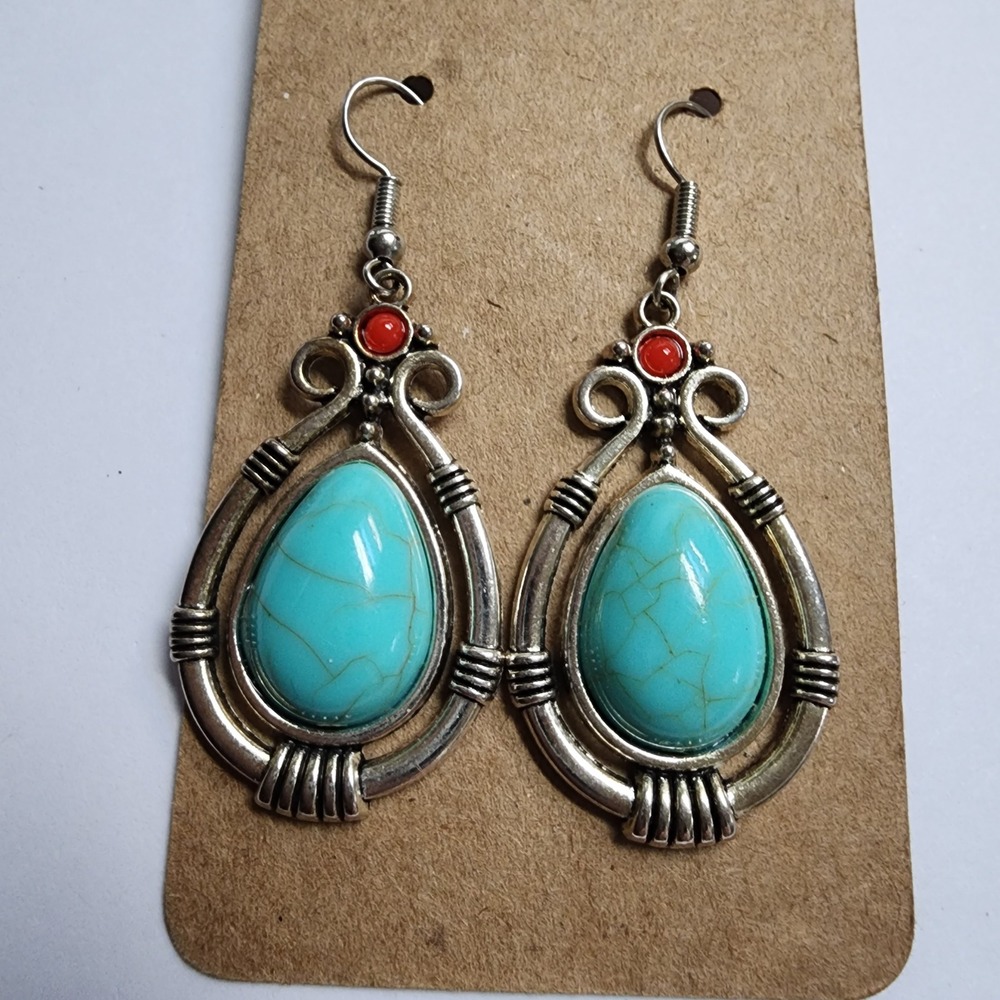 Boho Turquoise Silver Teardrop Dangle Earrings Southwestern Style Red Accent